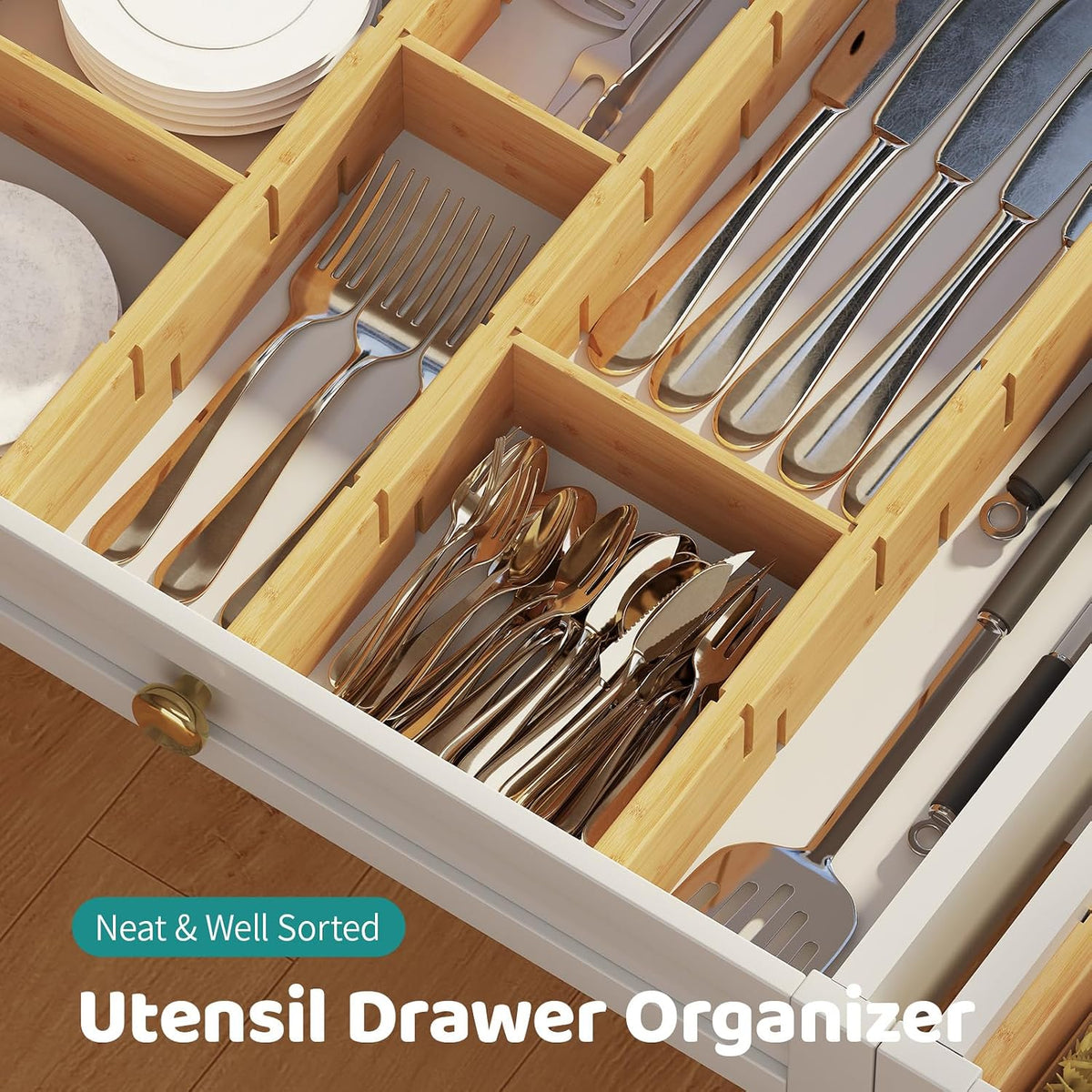 6 Pack Bamboo Drawer Dividers with Inserts, Kitchen Adjustable Drawer Organiz...
