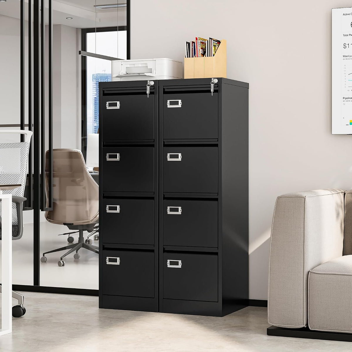 4 drawer file cabinet with lock, metal filing shown in use