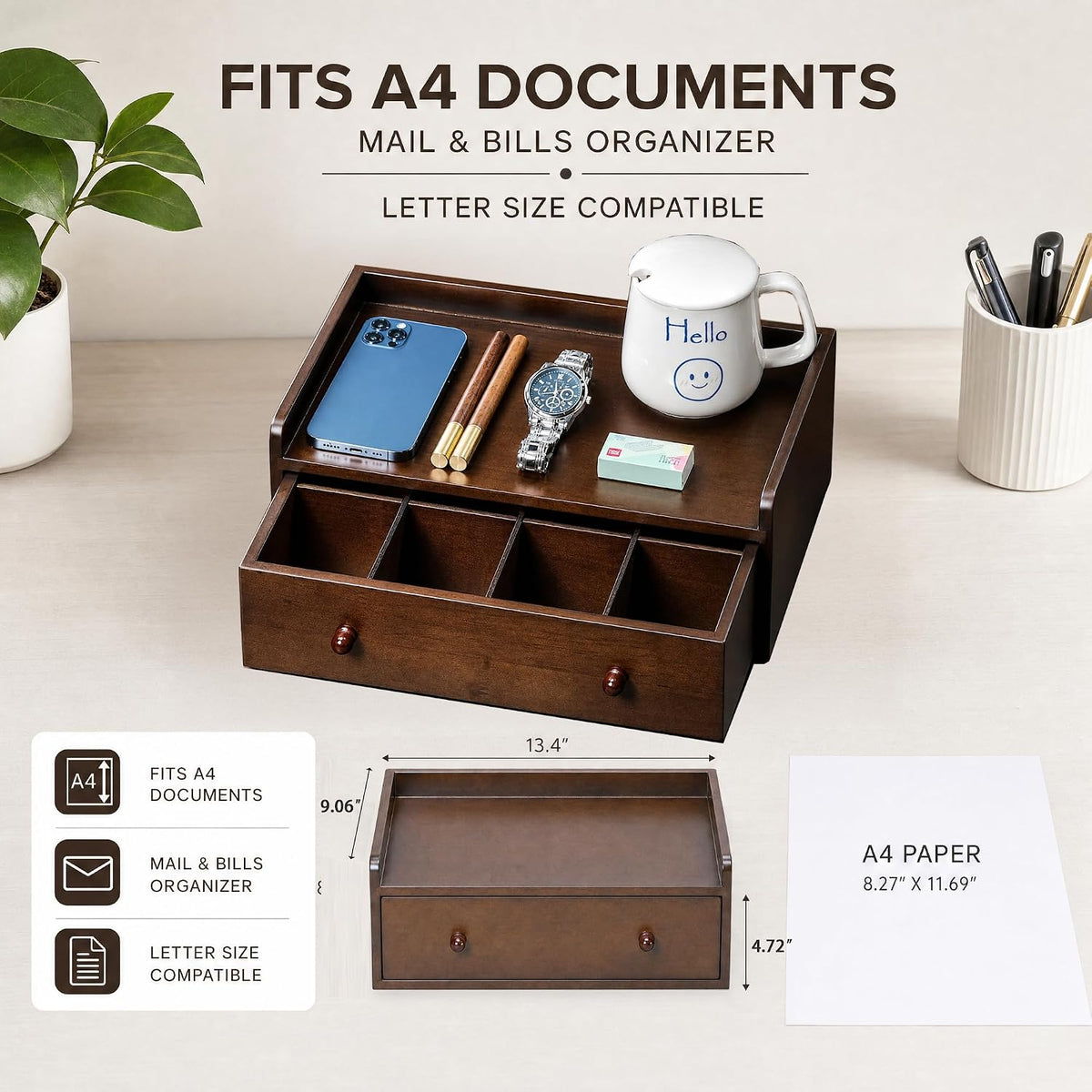 Solid Wood Desk Organizer with Drawer and Adjustable A4 Tray