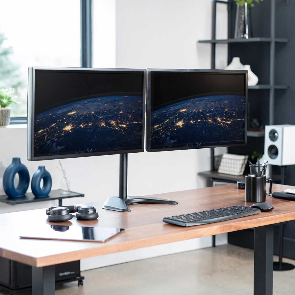 vivo stand-v002f dual led lcd monitor free-standing desk shown in use