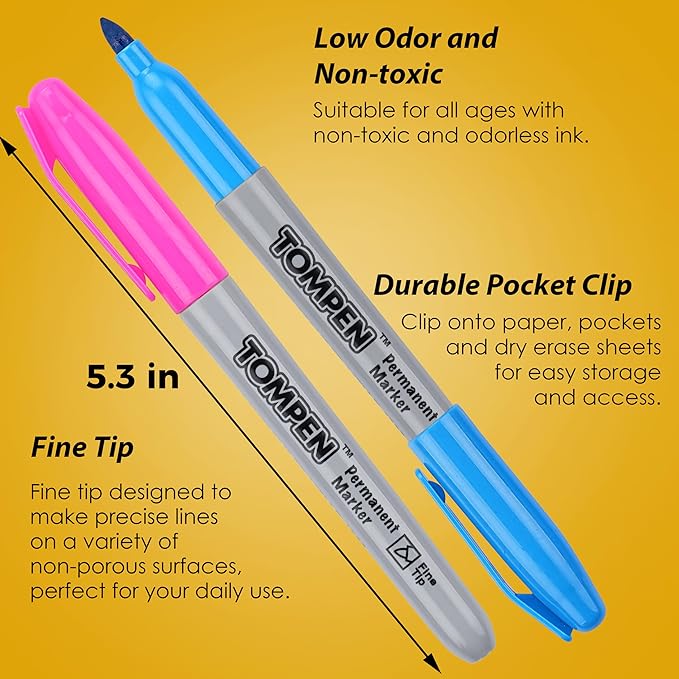 TOMPEN Permanent Markers Fine Tip 100 Pack Bulk, 10 Assorted Colors, Waterproof - Image 3