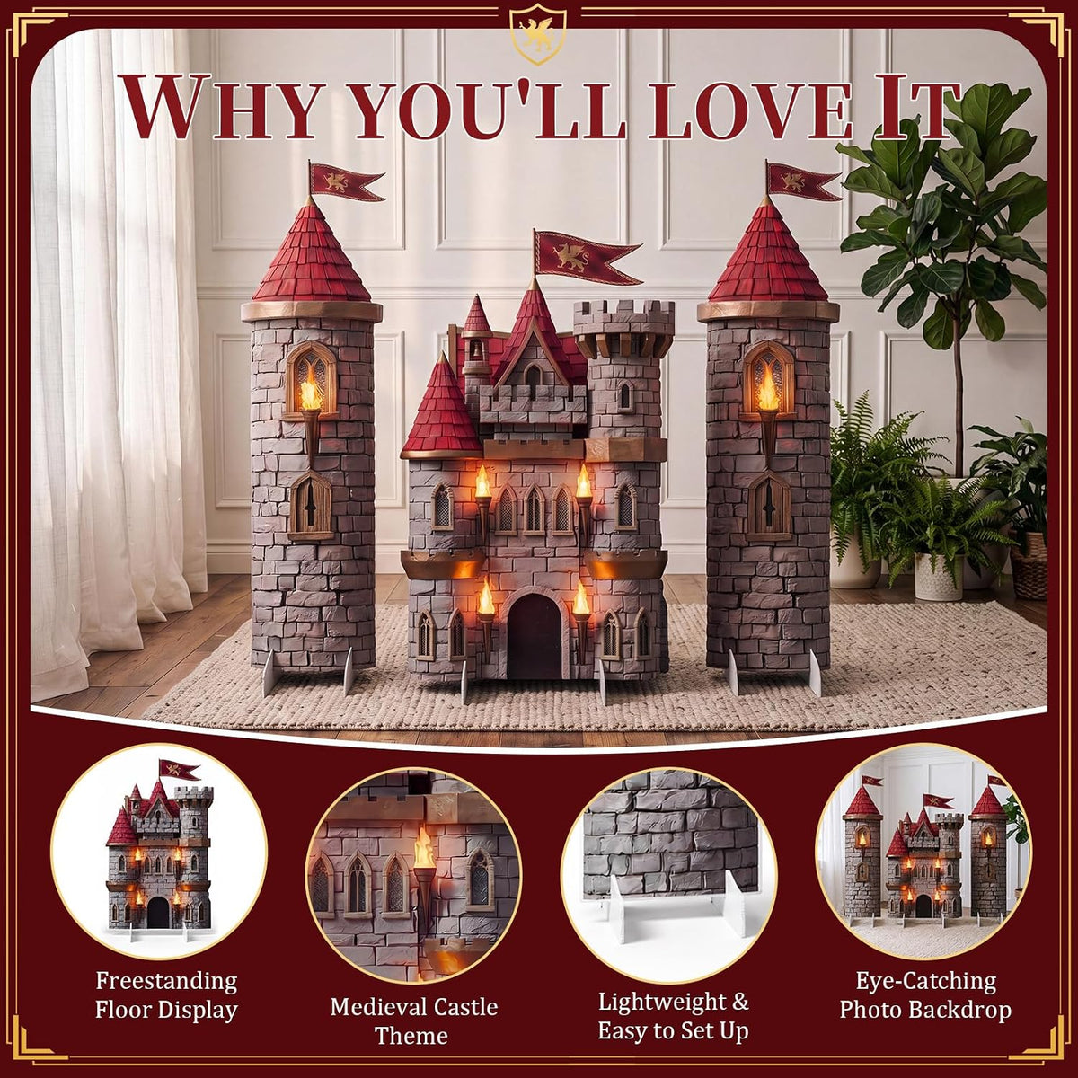 Novabright 3 Pcs Medieval Castle Backdrop Stand with Bases, Large Stone Knigh...