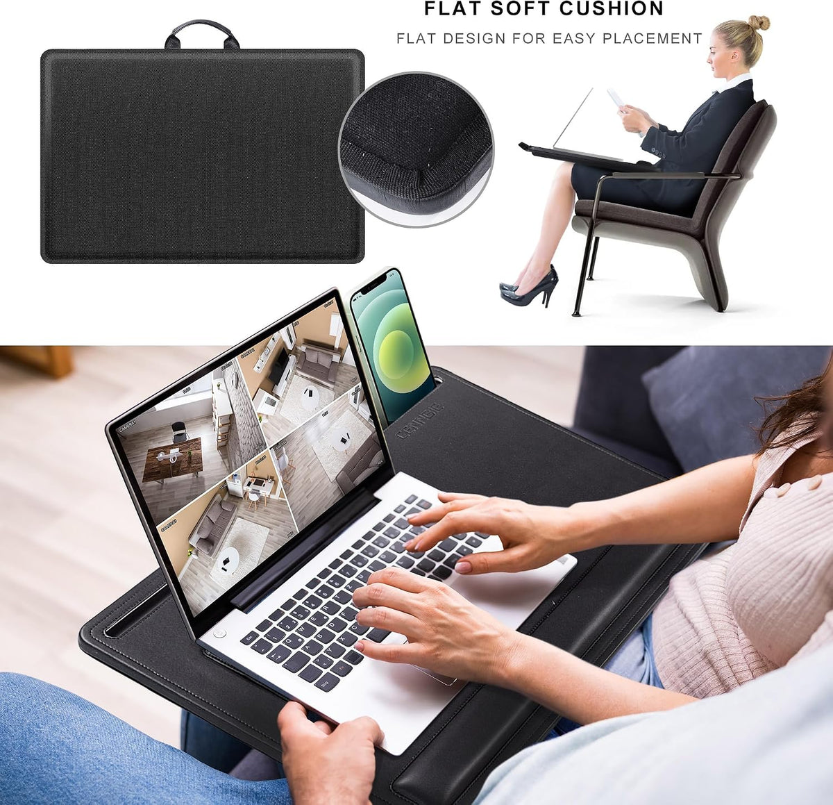 CENNBIE Leather Lap Desk with Memory Foam Cushion 24x16 Inches (Black)