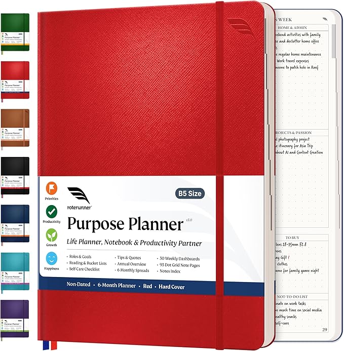 Roterunner Purpose Planner Notebook B5 7.5”x9.8” Undated Planner 2025 Daily by Roterunner