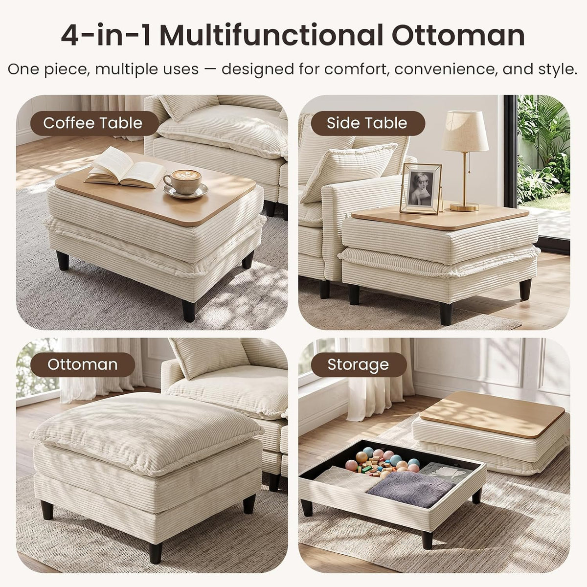 Corduroy Storage Ottoman Coffee Table for Modular Sectional Couch, Corduroy F...