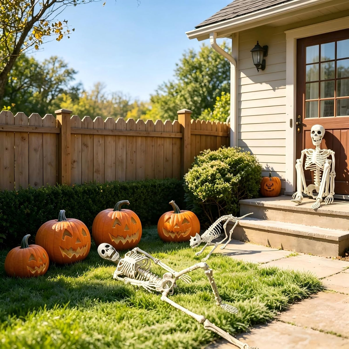 Lighted Human & Cat Skeleton Halloween Decorations Outdoor/Indoor