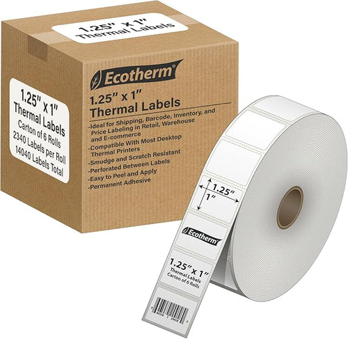 1.25" x 1" Thermal Labels | 6 Rolls | 14040 Labels | fits Zebra, Offnova by EcothermProducts
