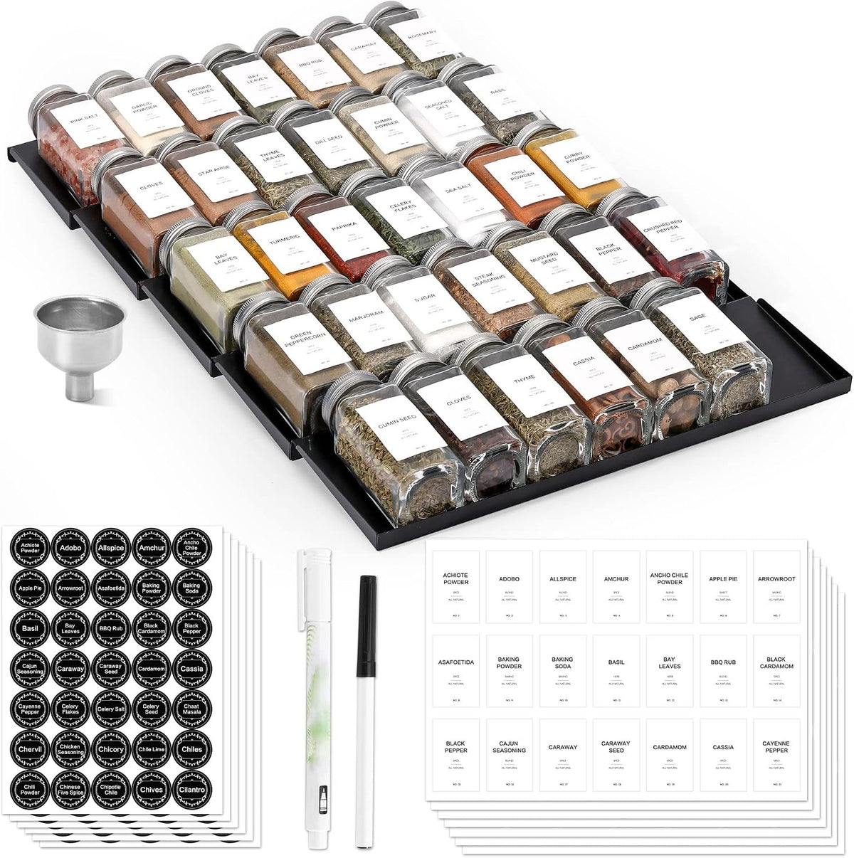 MIUKAA Spice Drawer Organizer with 34 Spice Jars, 378 Spice Labels, 5 Tier - ...