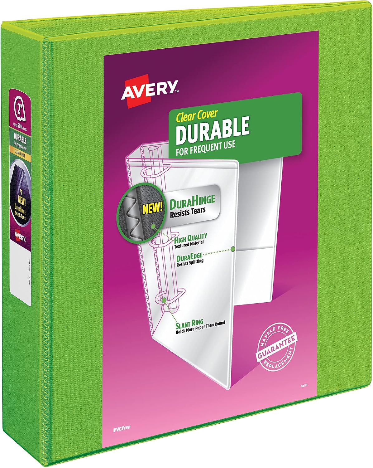 Avery Durable View 3 Ring Binder, 2" Slant Rings, 1 Chartreuse Binder | For Daily School and Office Use, DuraHinge Tear-Resistant Spine, DuraEdge Split-Resistant Sides, Nonstick PVC-Free Pockets