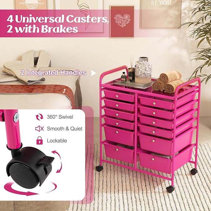 Happygrill 12-Drawer Rolling Storage Cart, 2 Sizes Plastic Drawers & Metal Shelf - Image 4