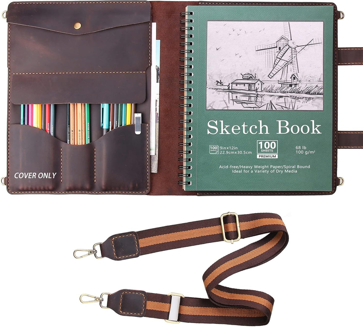 robrasim handmade leather sketchbook cover, artist sketch pad, main product view
