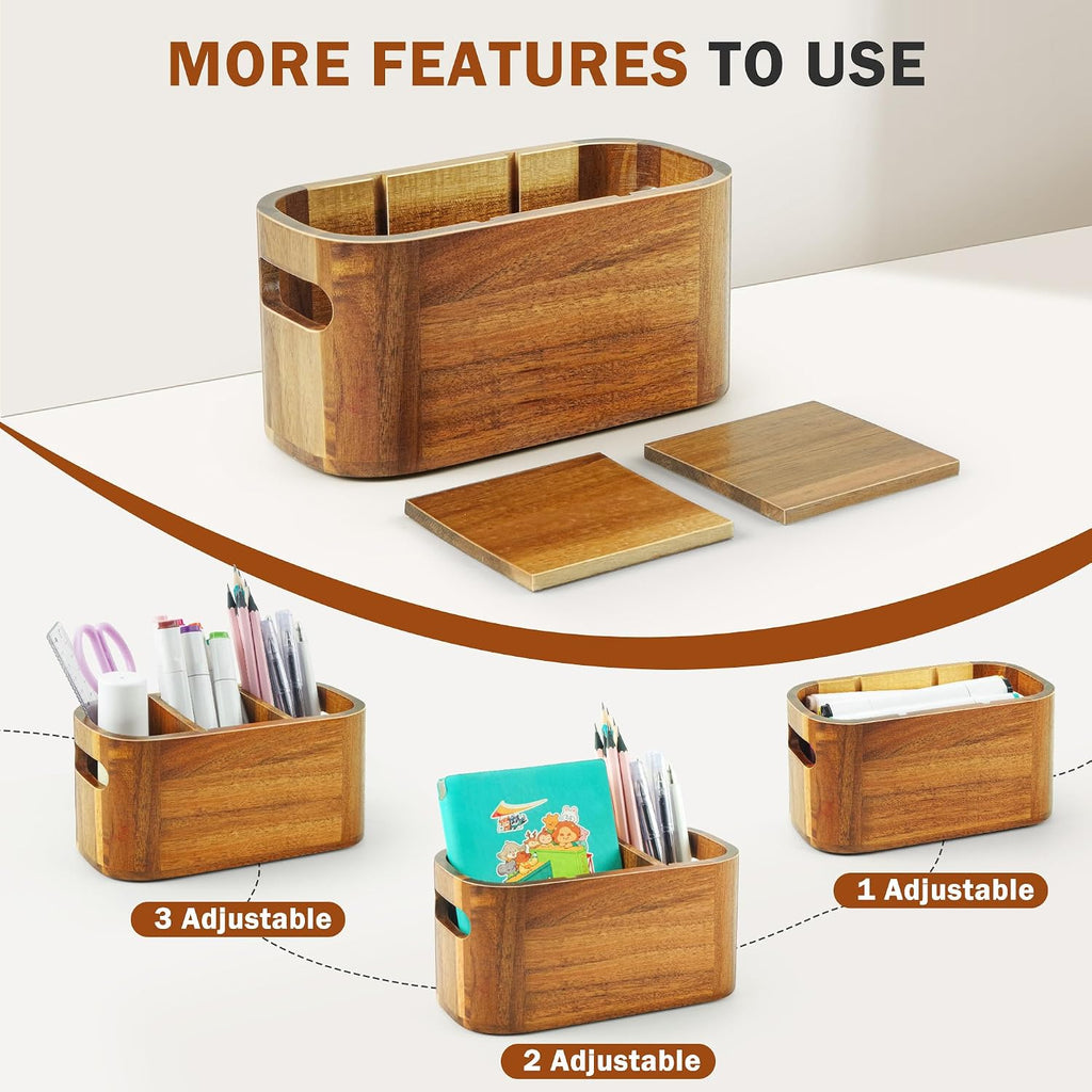 Acacia Pencil Pen Holder for Desk, Wooden Office Organizer with 3 Slots for Countertop, Makeup Brush Holder Remote Control Organizer for School Home Supplies