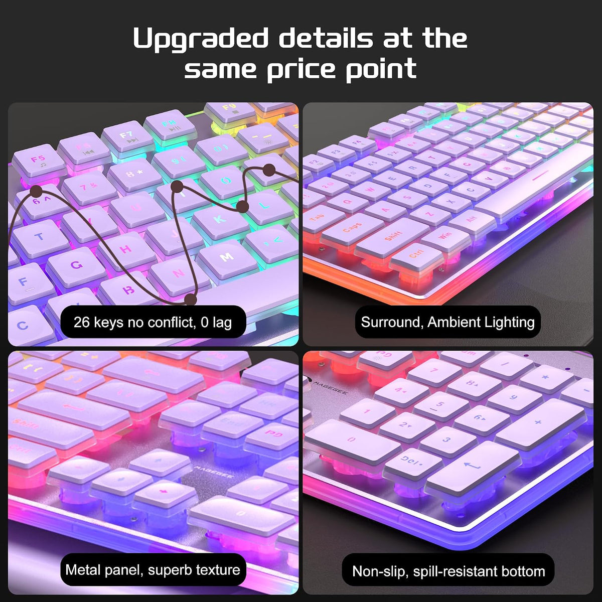 Camiysn Creamy Gaming Keyboard and Mouse, Purple 104 Keys RGB and 6 Speed RGB...