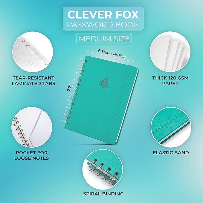 Clever Fox Password Book Spiral – Internet Address & Password Organizer - Image 2