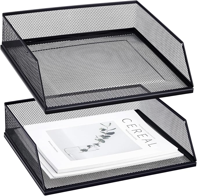 Hicarer 2 Pcs Black Metal Letter Tray Stackable Desk Tray Single Wire Mesh by Hicarer