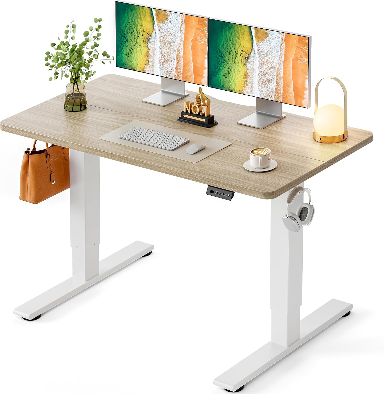 CubiCubi Electric Standing Desk 48 x 24 Inch, Height Adjustable Sit Stand Desk with Memory Presets, Splice Desktop Computer Desk for Home Office, White Frame/Light Walnut Top