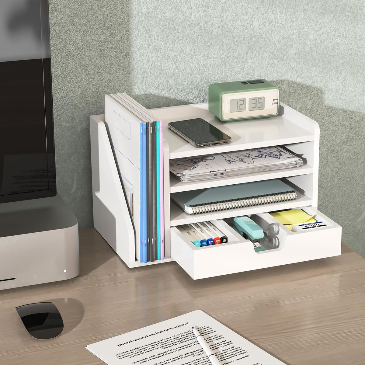 Multi-Tier Wood Desk File Organizer with Side File Rack, 3 Tray Shelves &...