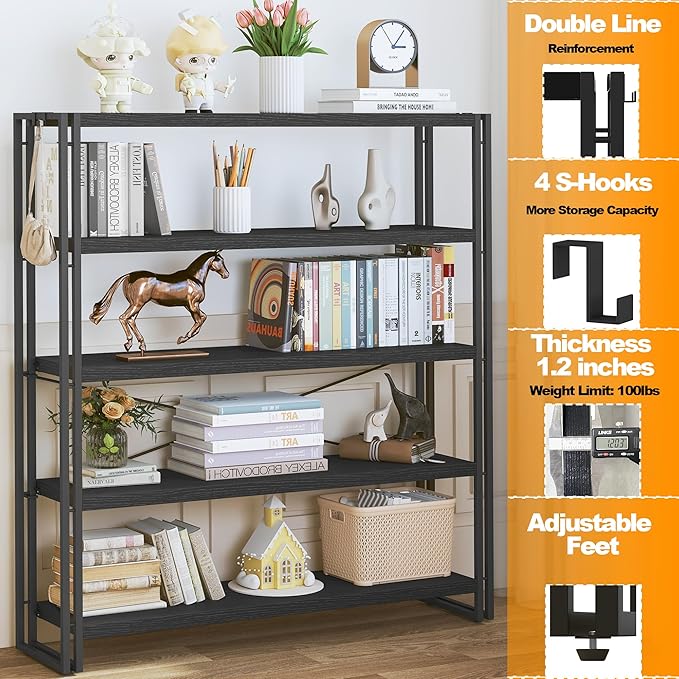 HCHQHS Bookshelf, 5-Tier Industrial Bookcase, Freestanding Tall Bookshelves - Image 4