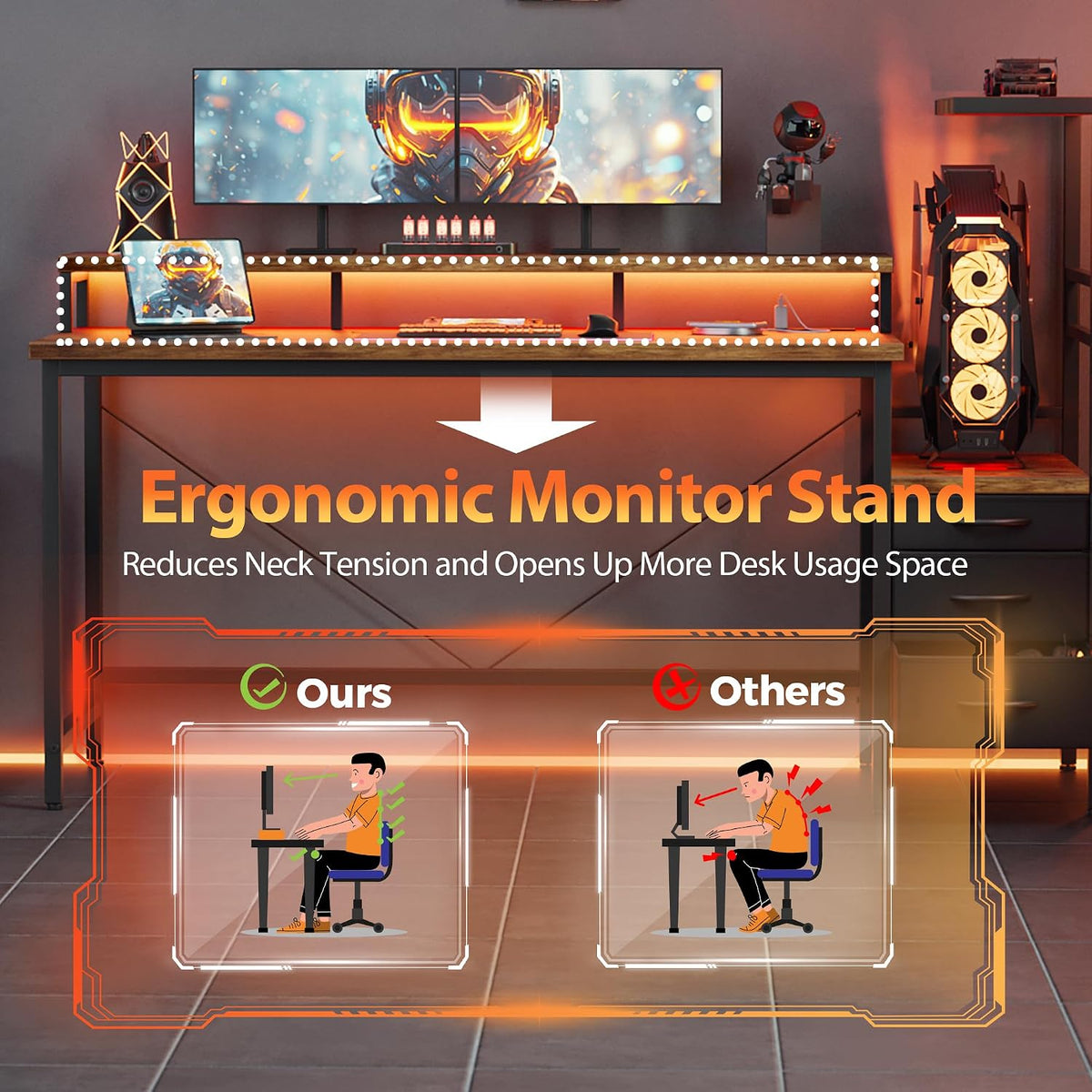 Mericonia 68 inch Gaming Desk with Drawers, Reversible Computer Desk, Brown