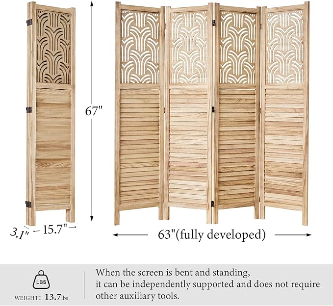 Svimi Folding Room Divider, 66.9 Inch 4 Panels Wood Carved Privacy Screens - Image 7