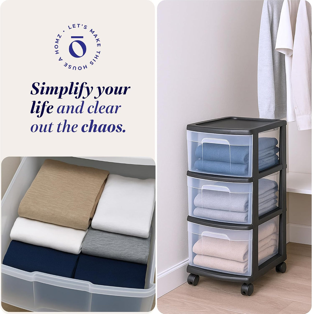 Homz 3 Drawer Plastic Storage Cart Organizer, Clear Drawers, Black Frame