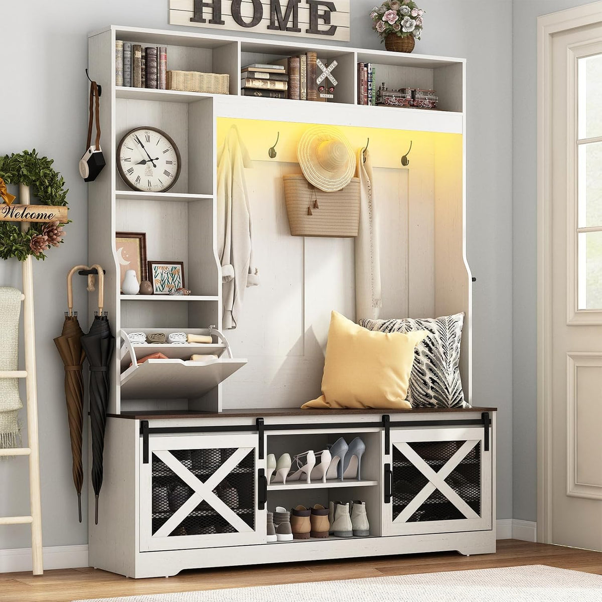 75''H 59''W Large LED Farmhouse Hall Tree with Bench and Shoe...