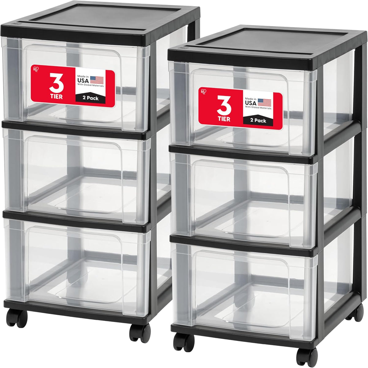 IRIS USA 3-Drawer Slim Narrow Storage Organizer Rolling Cart, Black/Clear