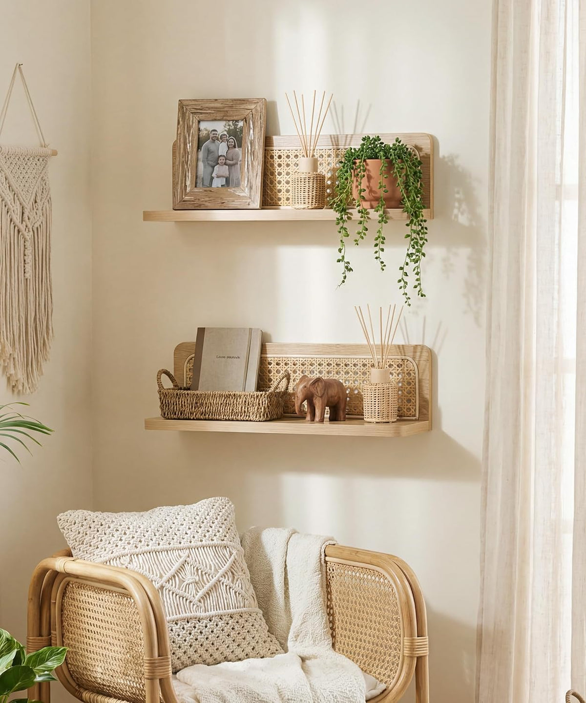Rattan Wall Shelf, Boho Wood Floating Shelves, 16 Inch