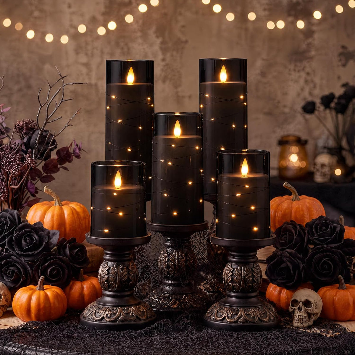 Homemory Halloween Flameless Candles, Black LED Pillar Candles with Remote