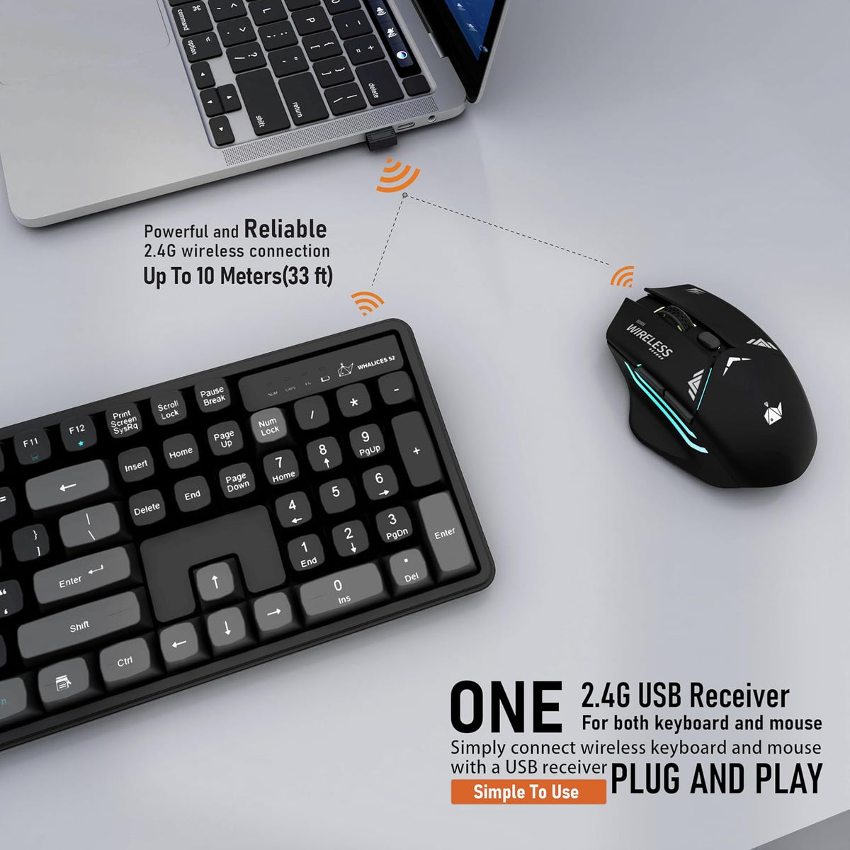 Rechargeable Wireless Keyboard and Mouse Combo, Full-Size - Black-Gray