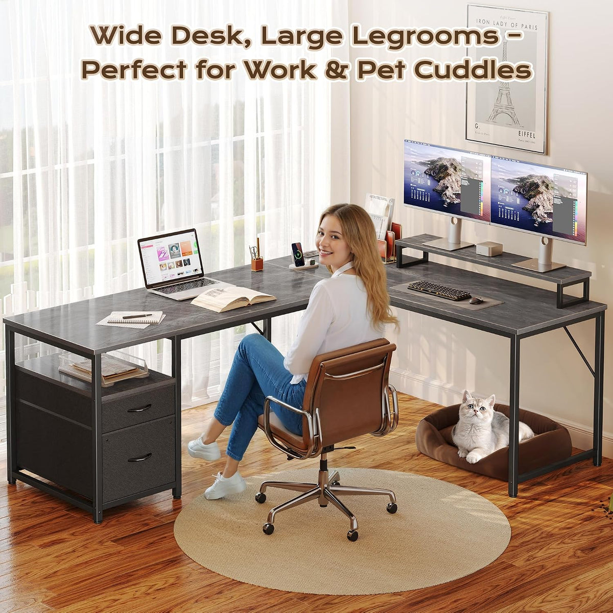 PRAISUN 63 Inch L Shaped Desk with Power Outlets and USB-C Port, Computer Cor...