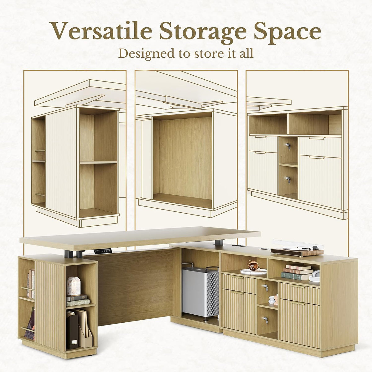 Standing Desk with File Cabinet, 70 Inch L Shaped Electric Height Adjustable ...