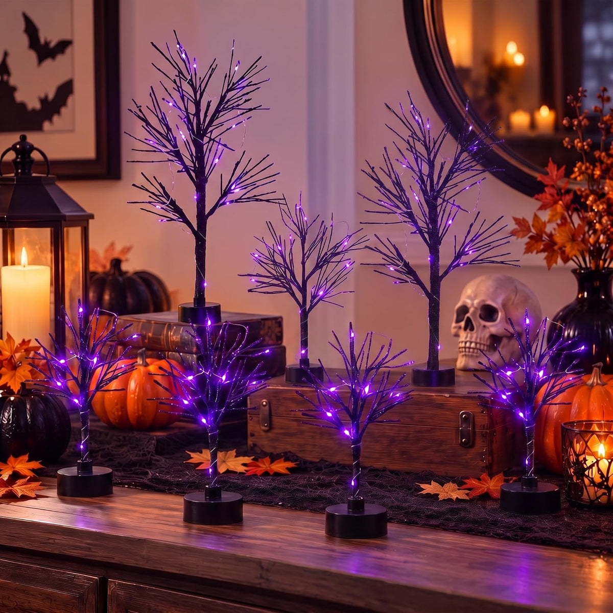 Baquler 7 Pcs Halloween Village Trees with Lights, LED Black Birch Decor