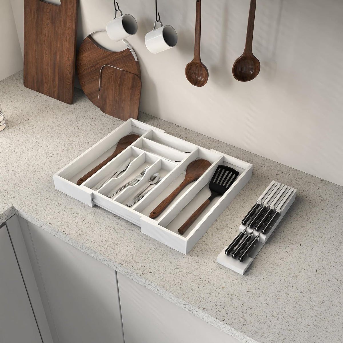Bamboo Silverware Drawer Organizer, 6-8 Slots Kitchen Drawer Tray