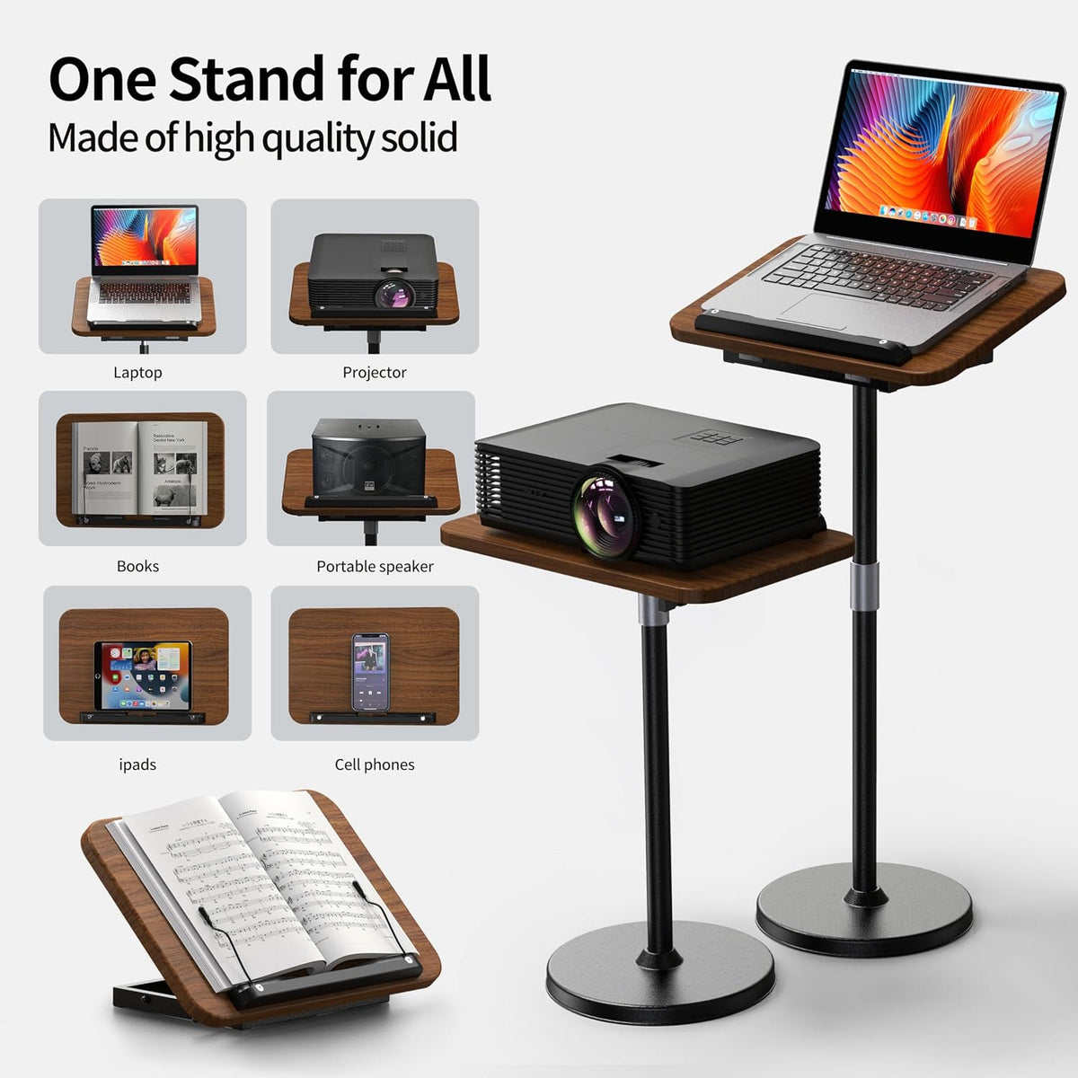 2-in-1 Floor & Desktop Book Stand with Large 16.5"x11.8" Wood Panel | Height Adjustable 16.5"-51" Ergonomic Bookstand with Page Clips for Textbooks, Music Sheets, Recipes, Laptops (Walnut Finish)