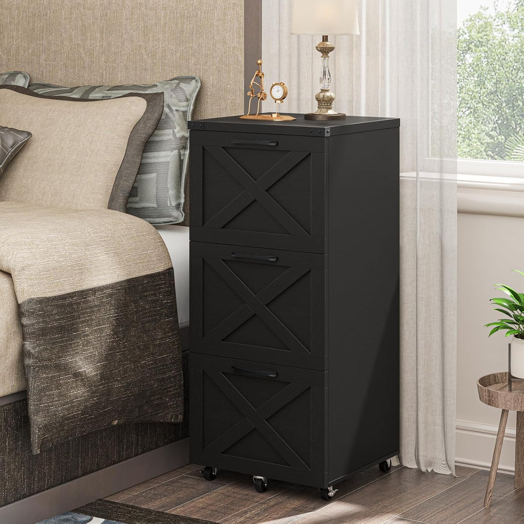 3 drawers tall farmhouse file cabinet with wheels, front angle view