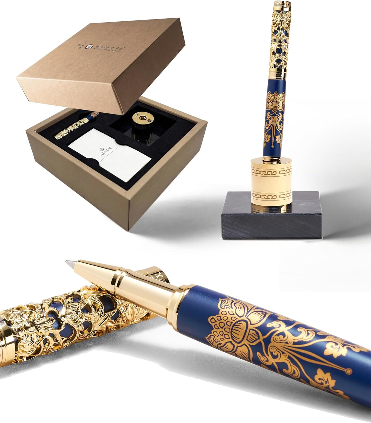 ARTEX x National Palace Museum Gold Lotus Rollerball Pen & Marble Stand Set
