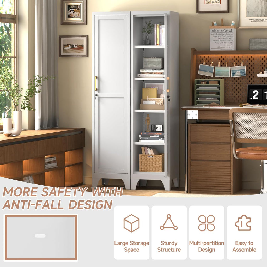 67" Tall Narrow Storage Cabinet Metal Bathroom Cabinet with Lockable and 4 Adjustable Shelve,Anti-Tip Design,Standing Pantry Cabinets Cupboard for Kitchen,Dining Room,Bathroom-Assembly Required(White)