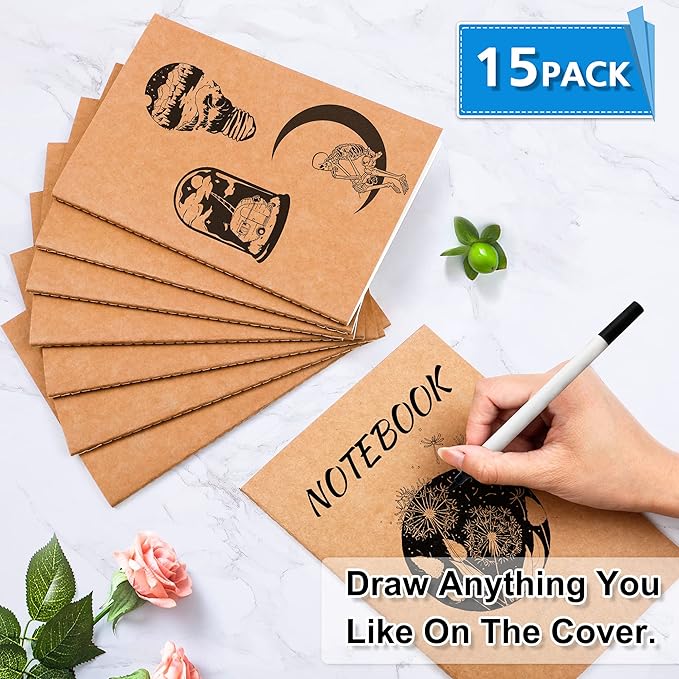 feela 15 Pack A5 Kraft Notebooks, 60 Lined Blank Pages Travel Journal Bulk - Image 3