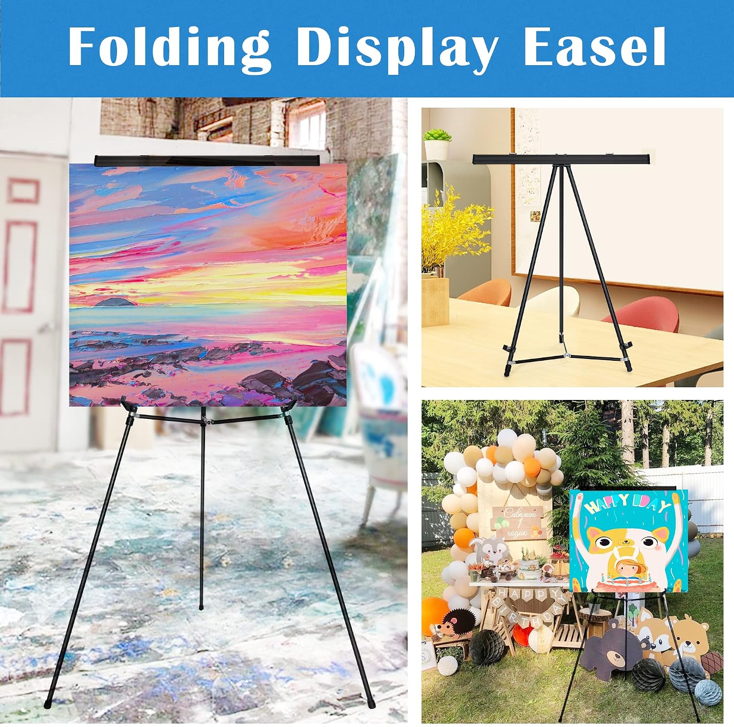 63 1/2'' Aluminum Flip Chart Easel Stand, Black,2 Pack | Presentation Easel with Adjustable Floor for Boardroom, Whiteboard, Paper Pads, Signage