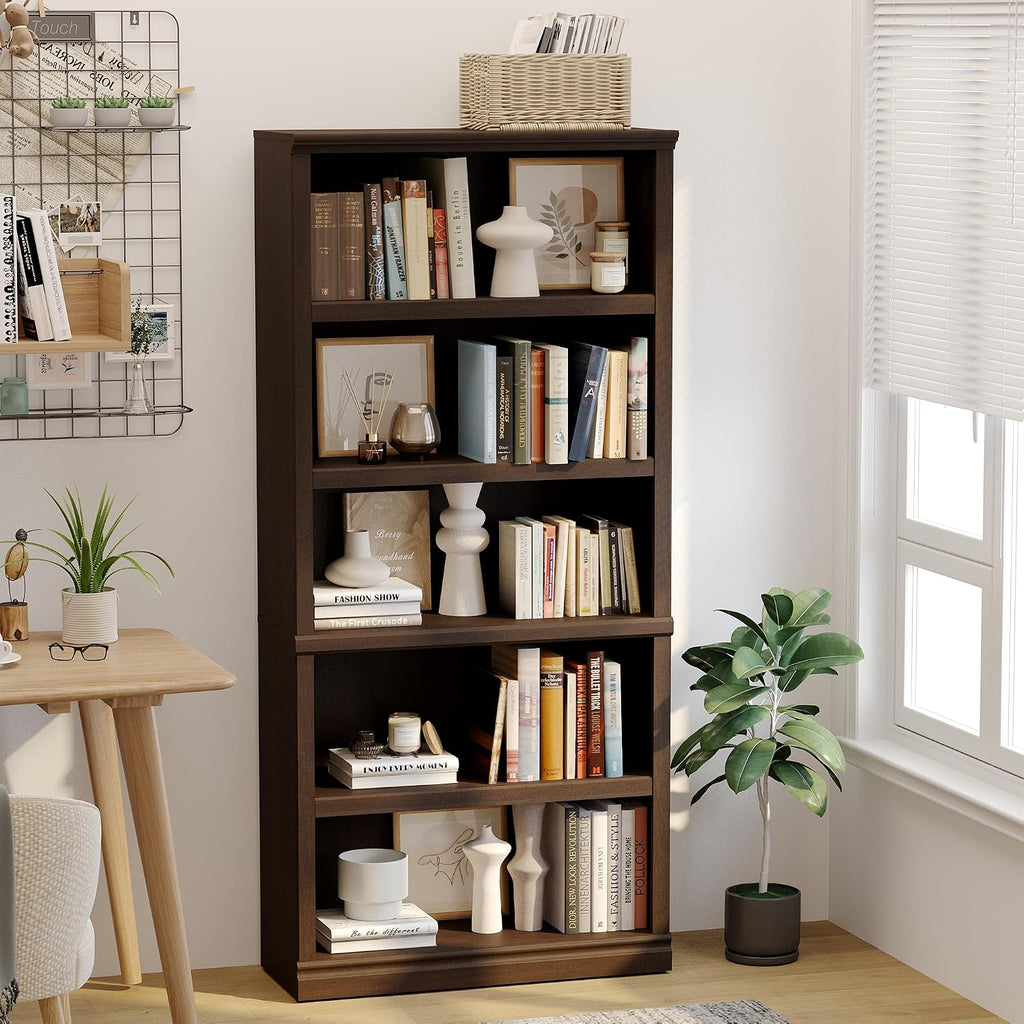 blini 5-Shelf Tall Bookcase Wooden Bookshelves 33in Wide Floor Standing Display