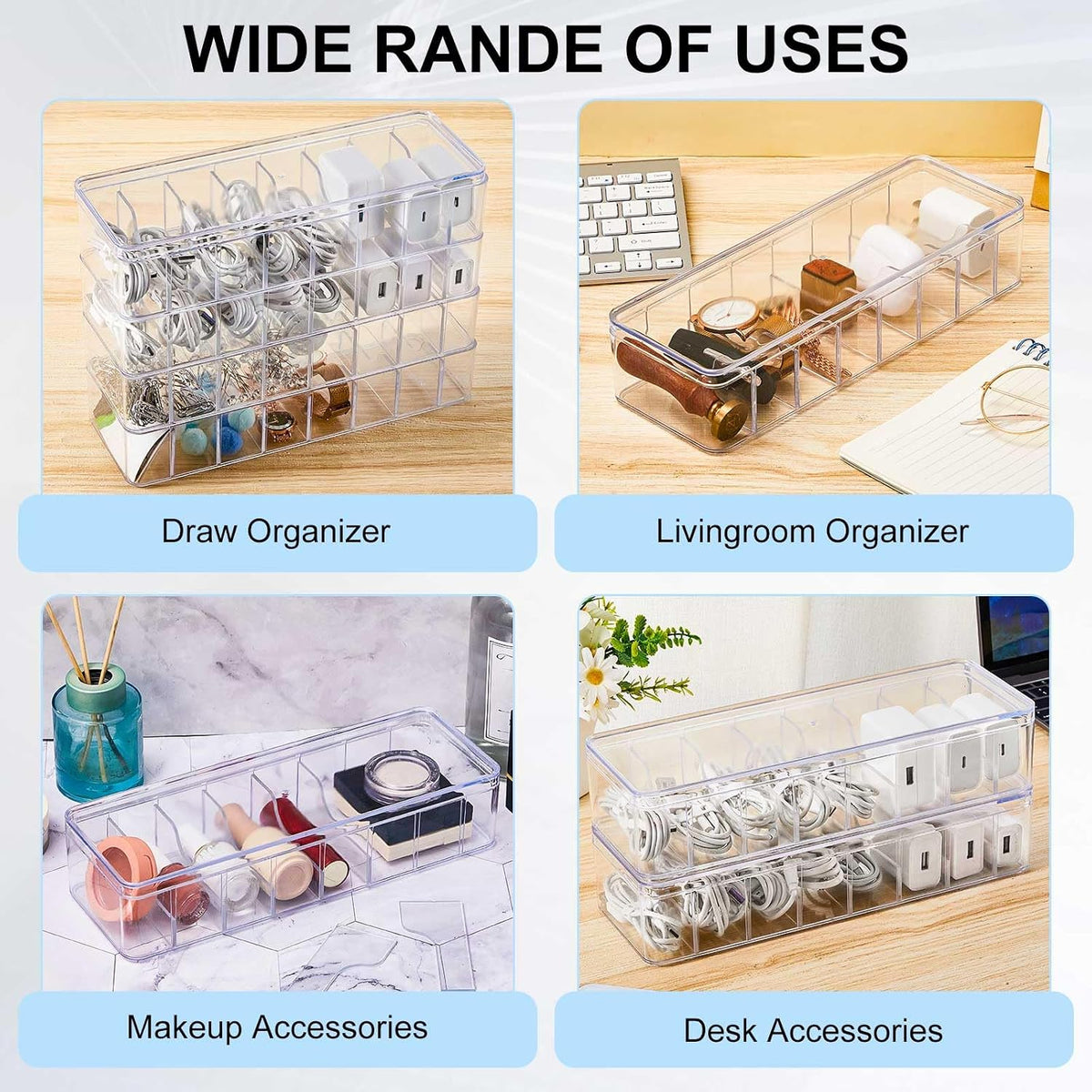 Tatuo Cord Organizer Box with Lid, Clear, 4 Pack