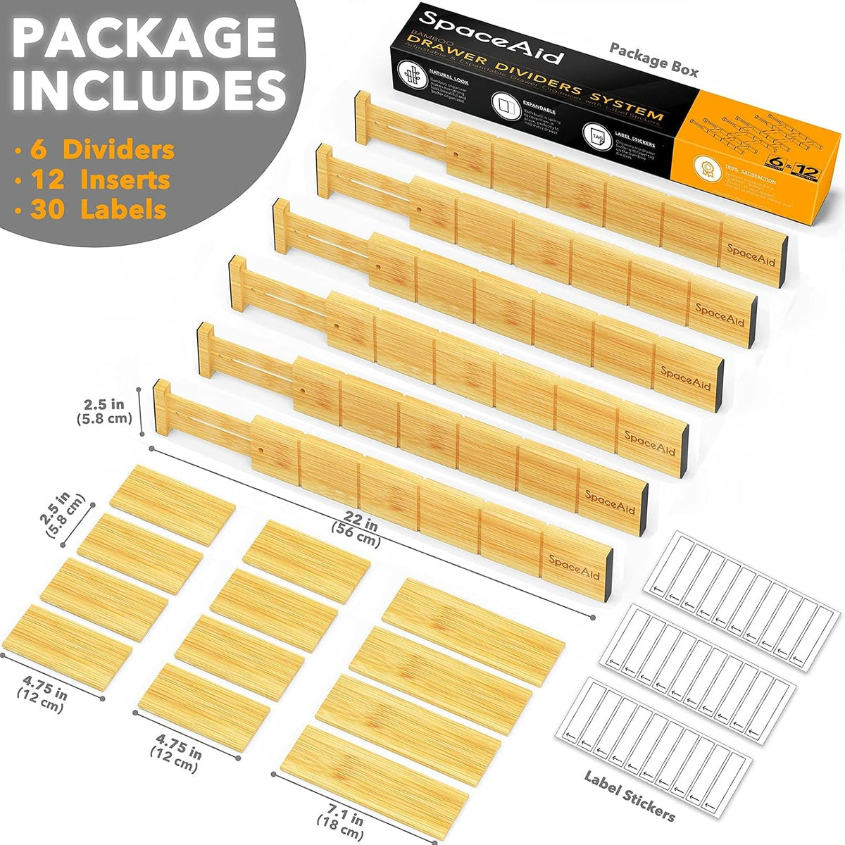 SpaceAid Bamboo Drawer Dividers with Labels, 6 Dividers with 12 Inserts (17-2...