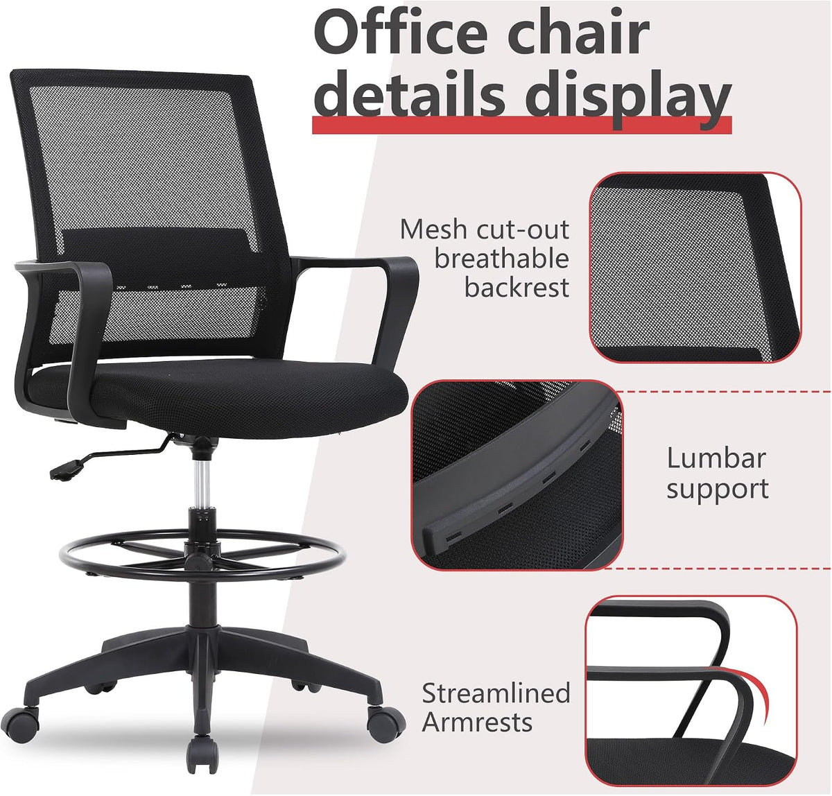BestOffice | Tall Drafting Chair | Black | with Lumbar Support