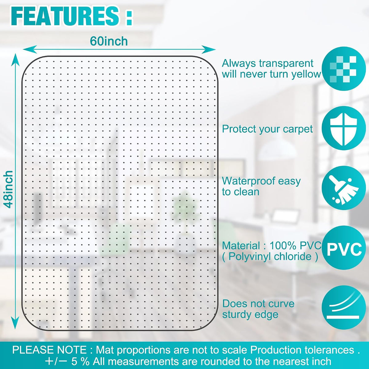 Office Chair Mat for Carpets, 48"x 60" Heavy Duty Clear Plastic Flo...