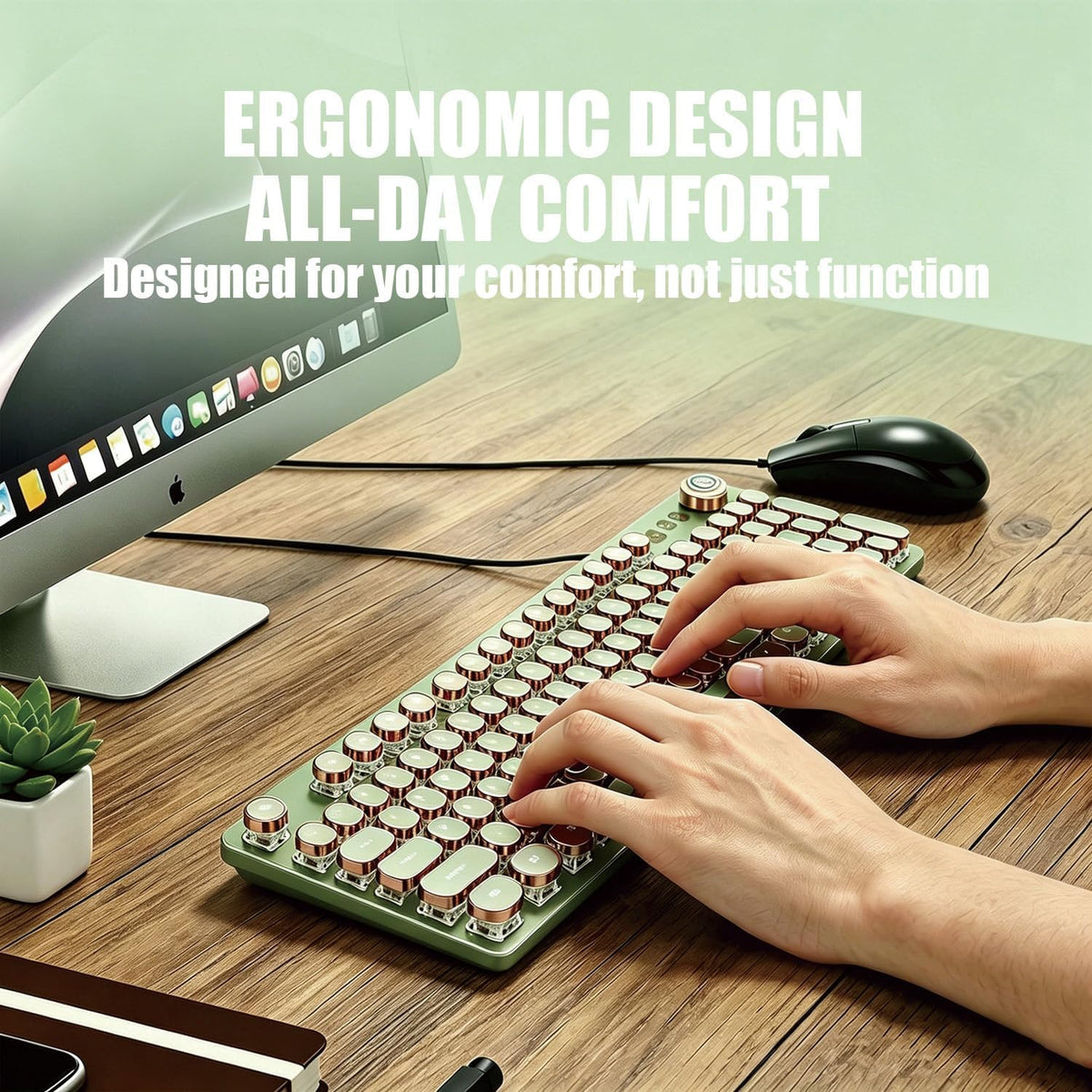 Retro Typewriter Mechanical Keyboard, Green, 104 Keys, Round Keycaps with LED...