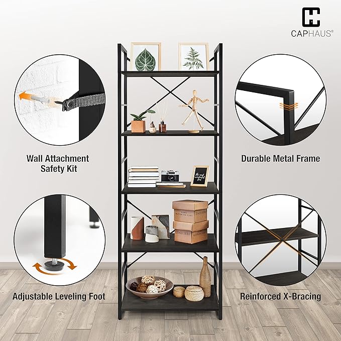 CAPHAUS 5 Tier Bookshelf, 24 Inch Width Free Standing Shelf, Bookcase Shelf - Image 5