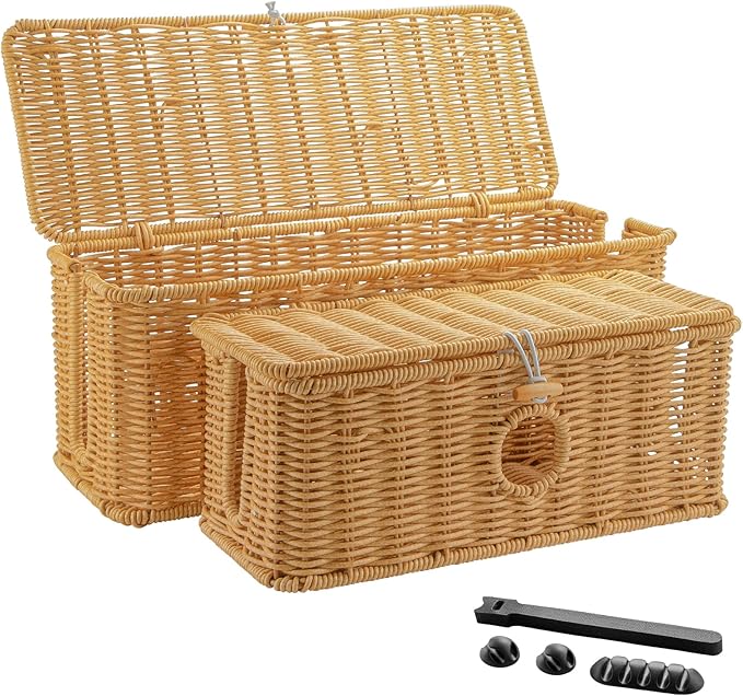 IHKFILAN 2 Pcs Handmade Cable Management Boxes Rattan Cable Organizer Large & by IHKFILAN