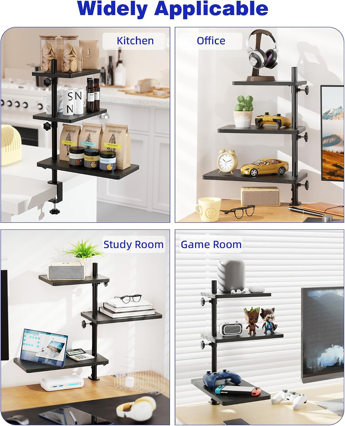 3 Tiers Clamp On Desk Shelf, 360° Angle Adjustable Desktop Shelf Organizer fo...