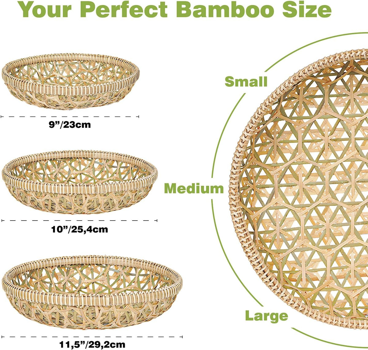 Handwoven Bamboo Basket Set of 3, Round Nesting Bread & Fruit Baskets, Na...